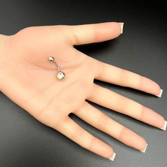 316L Stainless Steel with Iridescent AB Cubic Zirconia 14G Barbell Belly Ring - Picture 7 of 7